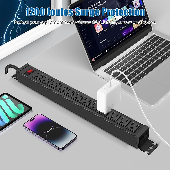 HHSOET 2Pack Rotating Mountable Power Strip, 12 Outlet Wall Mount Surge Protector, Metal Heavy Duty and Versatile Outlet Strip, Stylish Appearance, Sturdy and Durable. (2 Pack, 15FT)