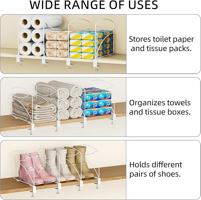 2-Piece Wire Shelf Dividers for Closet Organization, Upgraded C-Clips Adjustable Metal Shelf Dividers Suitable For Bedrooms & Kitchens, Storage Helper for Handbag Sweater Shirt Ankle Boots, White