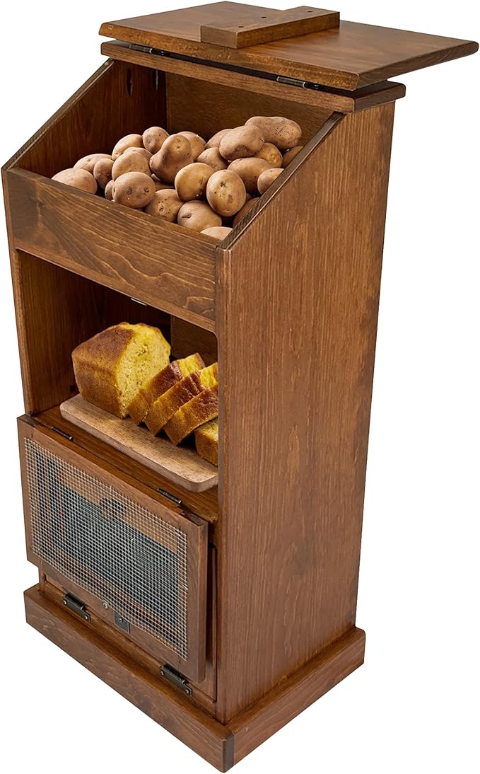 Peaceful Classics Wooden Bread & Veggie Storage Bin w/Lid, Decorative Potato & Onion Bin, Cherry