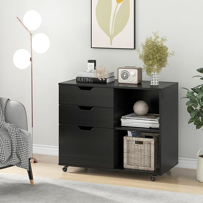 LOKO 3-Drawer File Cabinet, Mobile Printer Stand Cabinet with Adjustable Shelf, Rolling Lateral Filing Cabinet with Wheels for Letter, A4, Legal Size, for Home Office Organization (Black)