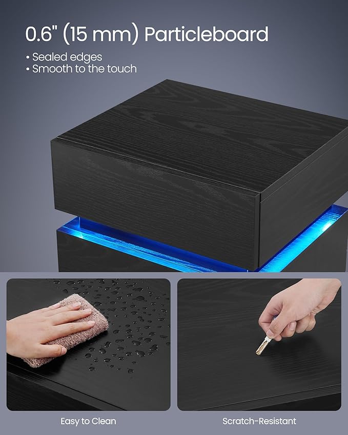 VASAGLE Nightstand with LED Lights, Adjustable Light Colors, Bedside Table, Side Table with 3 Drawers, Modern Style, 13.8 x 15.7 x 21.7 Inches, Ebony Black LET630T58