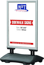 M&T Displays WindPro Weather and Wind Resistant Outdoor Pavement Curb Sidewalk Sign Holder for 30x40 Inch Posters Silver Aluminum Easy Front Loading Snap Frame Durable HDPE Black Water Base