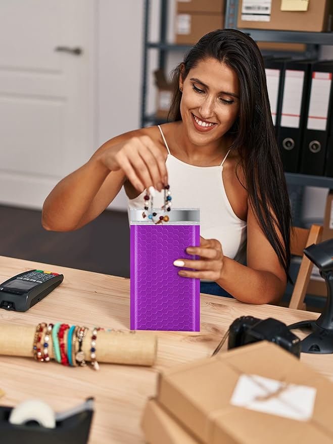 GSSSUSA Bubble Mailers 4x8 Inch 50 Pack Padded Envelopes Usable Size 4x7 Inch Shipping Envelopes Self Seal Small Packaging Shipping Bags for Mailing Jewelry, Small Business, Purple