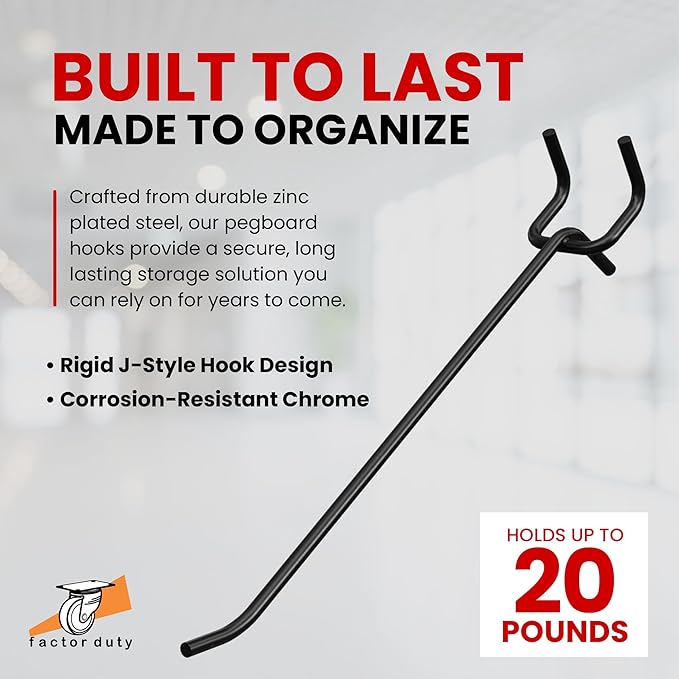 FactorDuty 6" Length Steel Black PEG Board Pegboard Shelving Hooks Wholesale Lot 20 lbs PEG Hooks Organizer Tools for Craft Storage, Garage, Kitchen, Tools and More