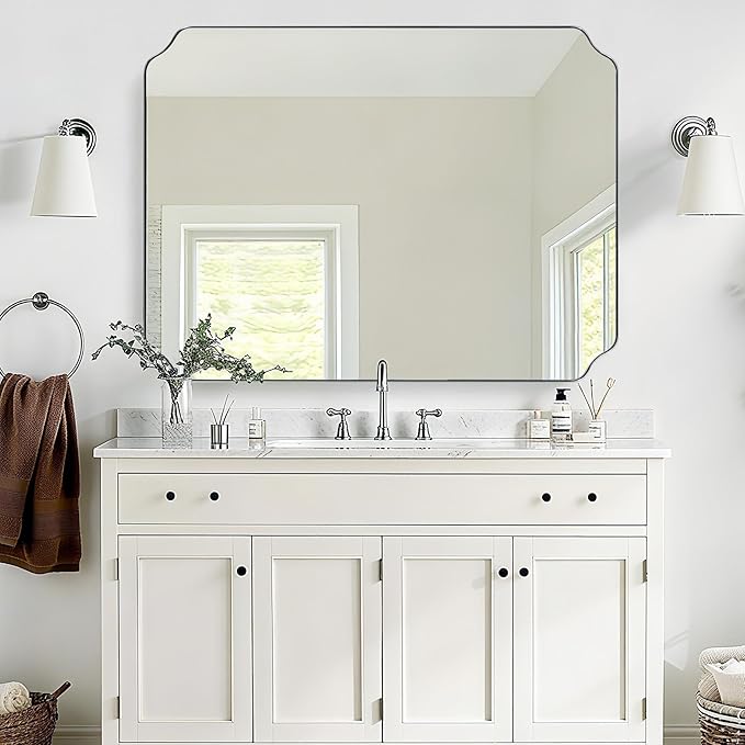 ANDY STAR 36x48 Inch Chrome Mirror, Large Polished Nickel Rectangle Mirror, Scalloped Bathroom Mirror in Anti-Rust Stainless Steel Frame Deep 1’’, Rounded Notched Corner, Vertically/Horizontally
