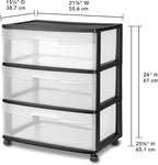 3 Drawer Wide Plastic Storage Cart with Clear Pull-Out Drawers & 4 Wheels - Medium Home Organization Container for Classroom Bathroom Dorm Bedroom Laundry Room (Black)