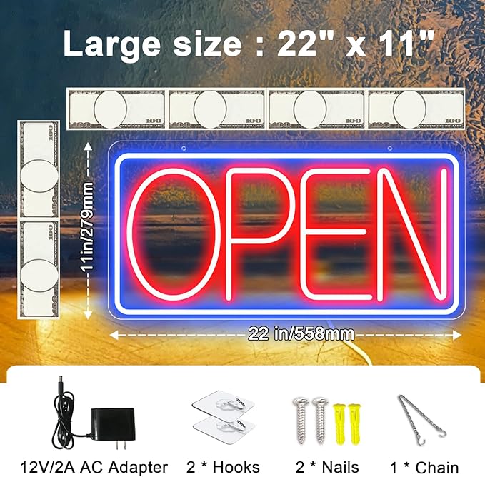 22" X 11" Led Neon Open Signs for Business, Large Open Signs, Plug In Electric Light Up with ON/OFF Switch, Ultra Bright Open Sign for Bar Salon Coffee Stores Club Hotel