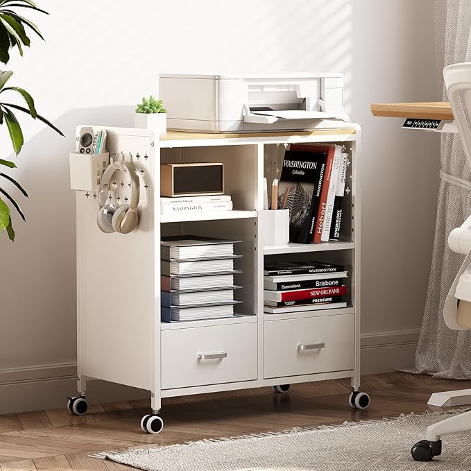 TOOLF 2-Drawer Mobile File Cabinet with Wheels, MDF Wooden Panel Printer Stand with Adjustable Shelves, 2 Storage Bins & 4 Hooks, Home Office Organization, White