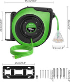 Retractable Cord Reel, 75 FT Heavy Duty Extension Cord, 14AWG/3C SJTOW, 3 Grounded Outlets Lighted Triple Tap, 10A Circuit Breaker, Wall/Ceiling Mounted, UL Listed, Green J75CR06