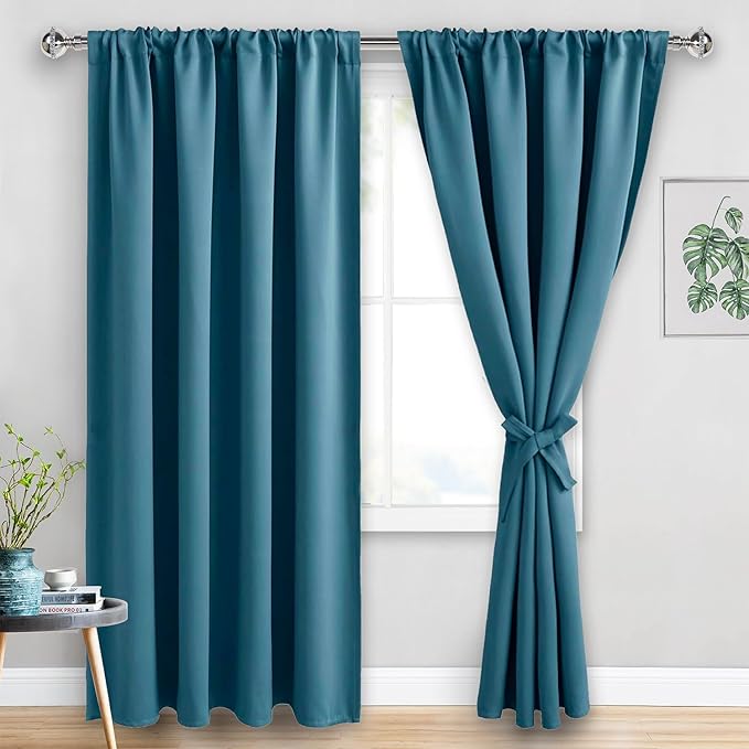 JIUZHEN Blackout Curtains for Bedroom - Thermal Insulated Room Darkening Rod Pocket Curtains for Living Room, Set of 2 Panels with Tiebacks, 70 x 96 Inch Length, Stone Blue