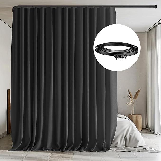 Room Divider Curtains with Flexible Ceiling Tracks Set,Blackout Curtain Ceiling Mount Curtain Track Privacy Room Dividers Ceiling Track Curtain Rod(Black Drape & Black Rail W 12.5 × H 7 FT)