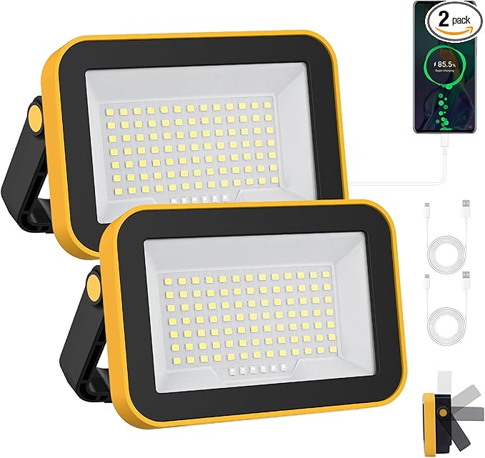 2 Pack 40W Rechargeable Work Light, 2400LM LED Work Light Battery Powered, Portable Flood Light with Stand Waterproof Job Site Lighting for Camping, Fishing, Hiking, Car Repaire with Emergency