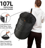 BATTOO Extra Large 107L Strong Laundry Hamper 17.5" x 27" Collapsible Laundry Baskets with Long Straps Drawstring Barrel Foldable Hamper for Laundry Room, Bathroom, Campout, College Dorm or Travel