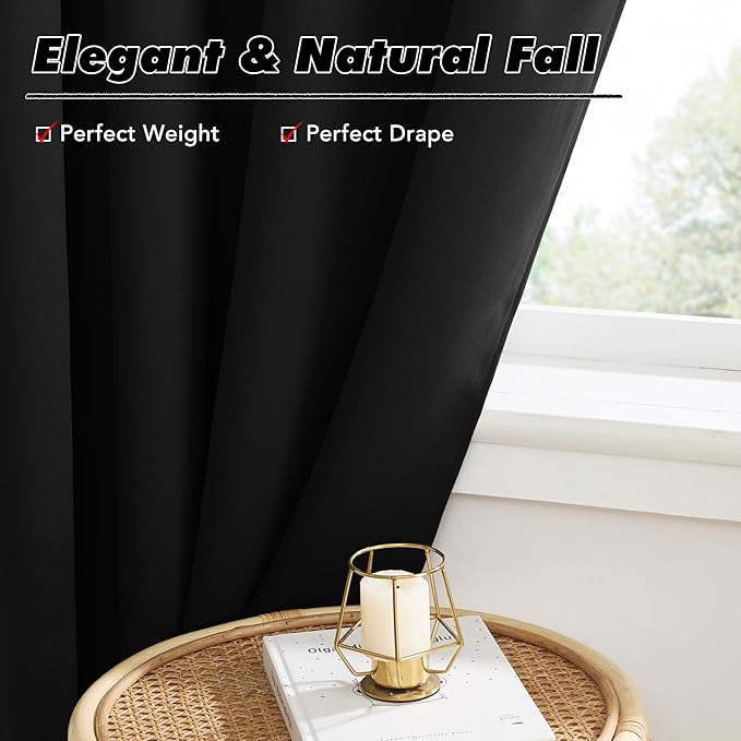 KGORGE Black Blackout Curtains 63 inch Length, Room Darkening Thermal Insulated Noise-Reducing Black Out Curtains for Bedroom Living Room Windows, Back Tab Rod Pocket, W52 x L63 inches, 2 Panels