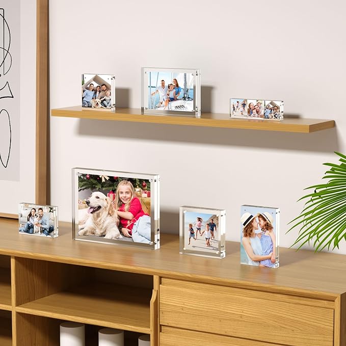 AITEE 2x6 Acrylic Picture Frames 3 Pack, 20% Thicker Block, Clear Picture Frames Freestanding Double Sided Magnetic Acrylic Lucite Frameless Transparent Square Frame Gift for Desktop Display
