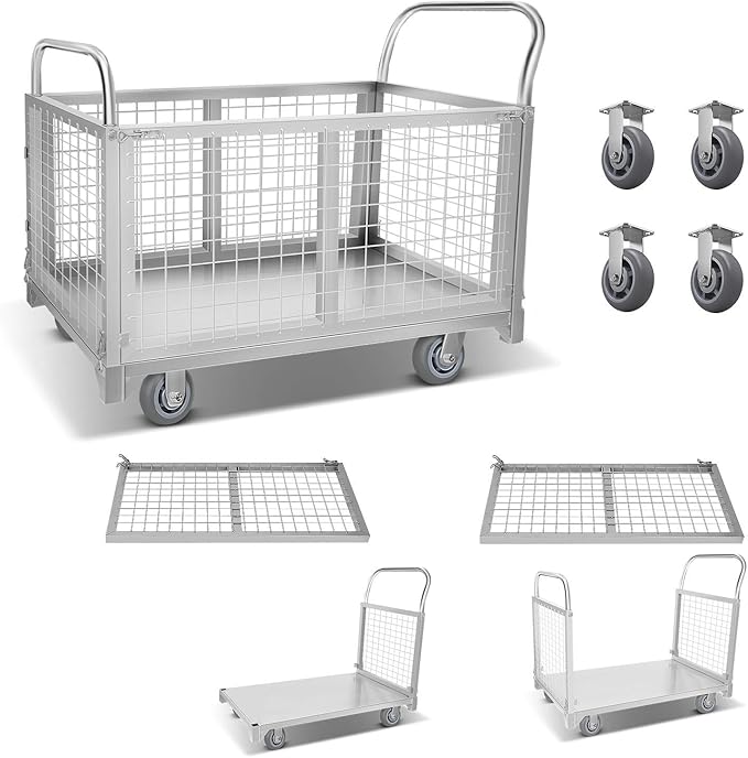 Platform Truck Cart, 4 in 1 Foldable Push Cart with Cage 2200 LBS, Hand Dolly Truck for Grocery Cart on Wheels, Laundry, Storage