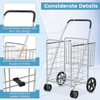 COSTWAY Folding Shopping Cart, Metal Grocery Cart with Extra Basket, 360° Swiveling Front Wheels & Comfortable Handle, Light Weight Collapsible Utility Cart for Laundry, Camping (Silver)