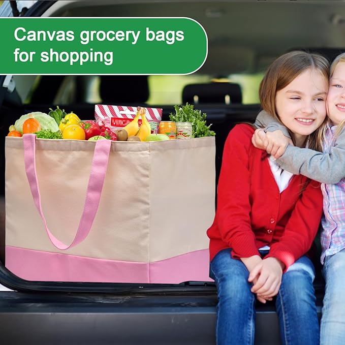 3 Pack Canvas Reusable Grocery Bags Heavy Duty, 8.3 gal Foldable Large Tote Bag with Handles, Holds 60 lbs Canvas Shopping Bags & Washable Eco-friendly Bags with 5 Pockets, Pink+Off white