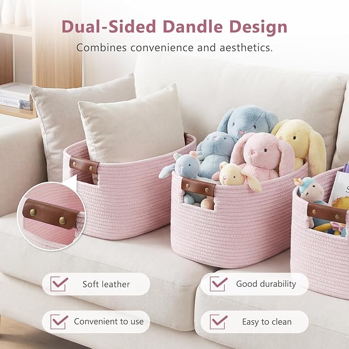 Cotton Rope Basket, Storage Baskets with Handle, 15x10x9 Inch Woven Basket for Shelves, Laundry, Towels, Clothes, Books (Light/Pink 2Pack)