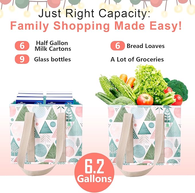 VENO 3 Pack Christmas Reusable Grocery Bags, Shopping Bags for Groceries, Tote with Handles and Hard Bottom, Foldable Shopping Cart Organizer, Water Resistant, Heavy-Duty (Pastel Forest, 6 Gallon)