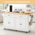 67’’ Movable Kitchen Island with Drop Leaf and Power Outlet, Lockable Sliding Countertop Rolling Island Cart with 2 Large Drawers, Spice, Towel Rack,White