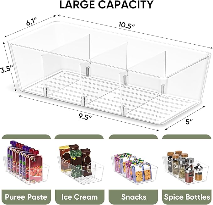 BALEINE Clear Plastic Storage Bins with 3 Removable Dividers, Pantry Organization, BPA Free Stackable Refrigerator Organizers and Storage for Kitchen Fridge Cabinet Bathroom (10.5x6.1x3.5, 2PK)