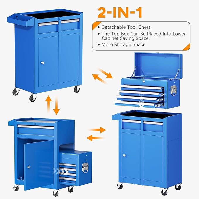 INTERGREAT Blue Tool Chest, 5-Drawer Rolling Tool Chest with Detachable Top Tool Box, Tool Chests with Universal Lockable Wheels, Metal Tool Cart for Garage, Workshop, Barbershop