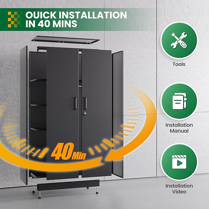 Broom Closet with Lock, Metal Storage Cabinet 36" Wide, 5-Tier Steel Utility Cabinet with Hanging Rod & Doors for Garage, Laundry Room, Warehouse Storage