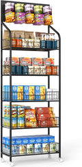 Retail Snack Display Stand,5-Tier Black Metal Storage Shelf Brackets with Wheels & Hooks,Metal Storage Shelves Heavy Duty, Retail Display Shelves Racks,Snack Organizer Stand Display Supplies