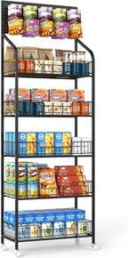 Retail Snack Display Stand,5-Tier Black Metal Storage Shelf Brackets with Wheels & Hooks,Metal Storage Shelves Heavy Duty, Retail Display Shelves Racks,Snack Organizer Stand Display Supplies