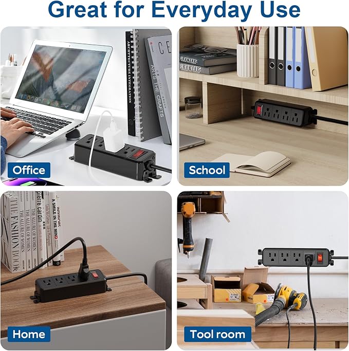 Wall Mount Power Strip,Flat Plug Power Strip with Switch,10ft Extension Cord,4 Outlets, Flexible Installation for Home, Office,and School,ETL Listed,Black (10ft,4 outlets)