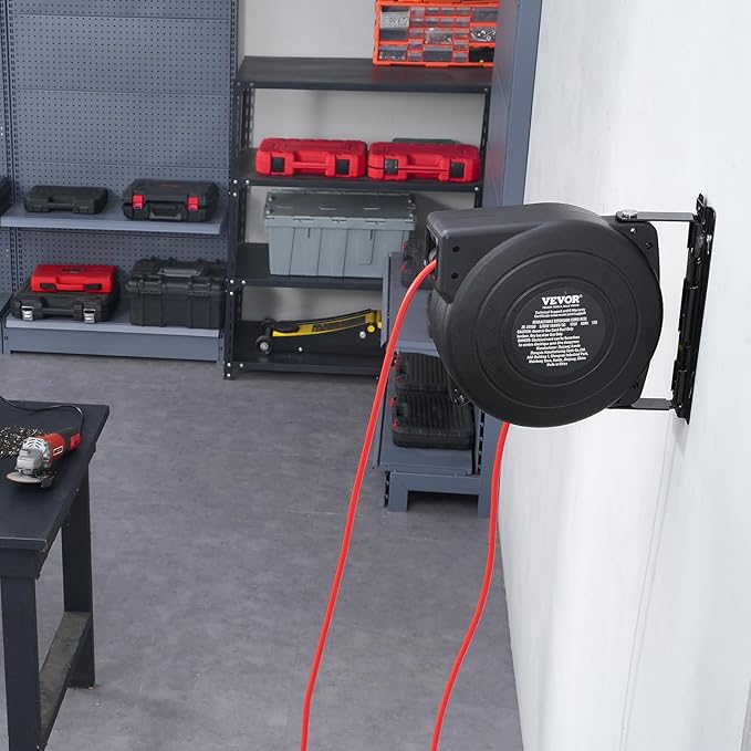 VEVOR Retractable Extension Cord Reel, 50 FT, Heavy Duty 14AWG/3C SJTOW Extension Power Cord with Lighted Triple Tap Outlet, 13A Circuit Breaker 180° Swivel Bracket for Ceiling or Wall Mount, Red