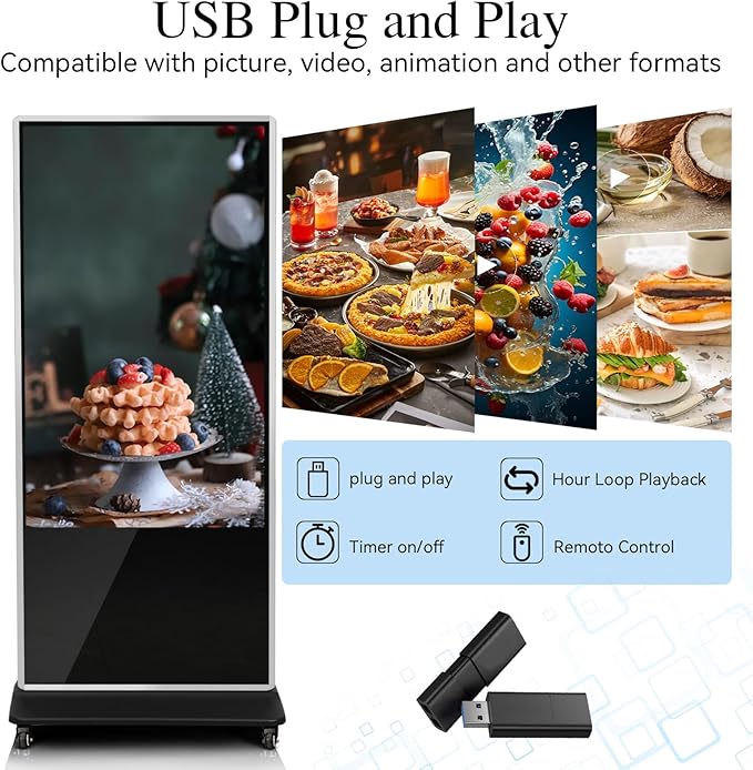 65" 4K LCD Touchscreen Digital Signage Display, Indoor Floor Standing Advertising Player, Commercial Digital Signage Kiosk with Auto AD Player, HDMI WiFi Bluetooth Input, Android 12.0 Black