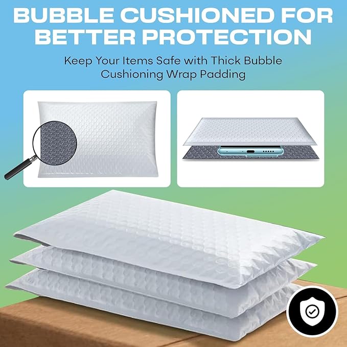 White 10x13 Inch Poly Bubble Mailers |Self Seal Padded Envelopes for Thick books | Air Cushioned Bubble Mailer | Usable Size 9.5x13 Inch | Waterproof Lightweight Mailing Shipping Bags | 100 Pack Bulk