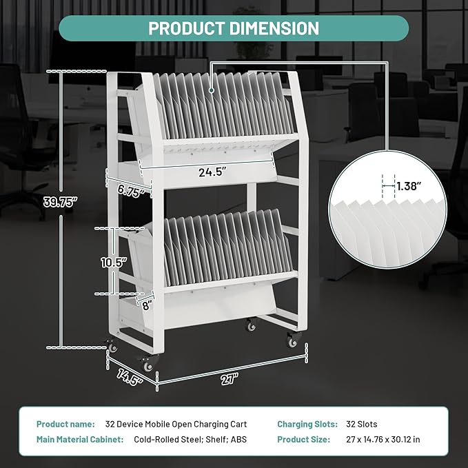 32 Device Mobile Open Charging Cart, Charging Station Rack, Easy Access and Removable Slots, Charging Storage Cart, Cable Management for Laptop Computers, Tablets, iPads, Chromebook for schools