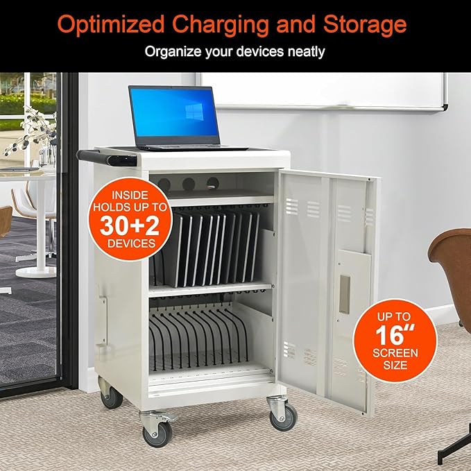 32 Devices Laptop Charging Cart with Password Lock,Tablet Storage Carts for Pad Up to 16.3" Screen,Classroom Computer Mobile Charging Station for Pads,Chromebooks,Laptops(White - Password Lock)