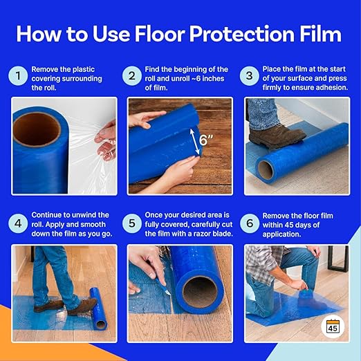 TapeManBlue Floor Protection Film, 48" x 200', Made in USA, Blue Self Adhesive Floor Protector Tape for Moving, Painting and Construction, Temporary Covering to Shield Hardwood, Tile, Hard Surfaces