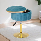 Adjustable Vanity Stool with Storage, 360° Swivel Makeup Stool Chair Small Velvet Round Ottoman with Gold Base for Bedroom (Blue)