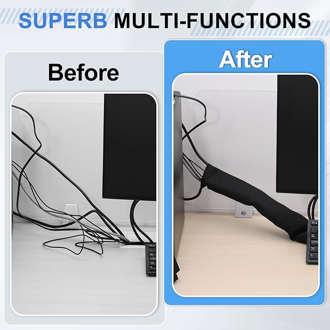 uxcell Hook and Loop Cable Management Sleeve, 10ft x 0.6 Inch Flexible Cable Wrap Cover Wire Hider, Cord Organizer and Cable Protectors for Desk TV Computer, Black