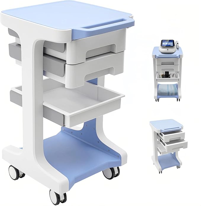 Professional 3-Tier 2-Drawer Salon Trolley Cart with Wheels Utility Cart with Drawers Mobile Storage Cart, Max 50kg/110lb Load, 16.14 * 16.14 * 26.38in (Blue)