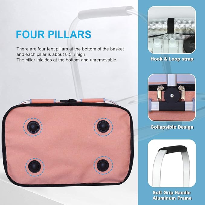 LIQING 35L Large Picnic Basket 2 Layers of Internal Pockets Leak-Proof and Insulated ，Folding with Internal Support for enhansed Stability, Wedding Gifts for Couple(Salmon Color)