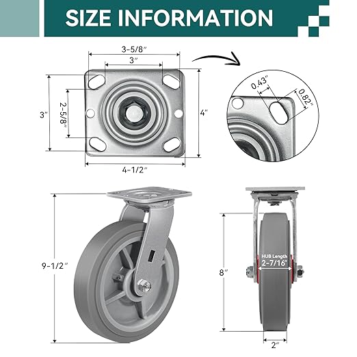 8'' × 2'' Caster Wheels, Heavy Duty Industrial Casters Set of 4 Rubber Wheels, Load 4000lbs Capacity, Swivel Caster for Cart Dolly Toolbox (2 Swivel & 2 Rigid)
