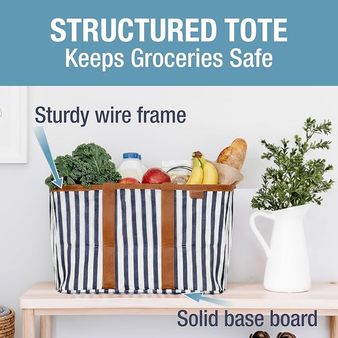 CleverMade Collapsible LUXE Tote - Navy Striped 1 Pack 30L / 8 Gal - Reusable Grocery Shopping Storage Bag Organizer w/ Handles Reinforced Bottom