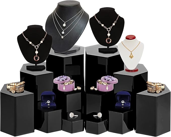 Jetec Hexagonal Jewelry Display Risers Hexagonal Market Display Risers Stands Acrylic Showcase Acrylic Stand for Jewelry Model Figures Decoration, 6 Sizes(Black,12 Pieces)