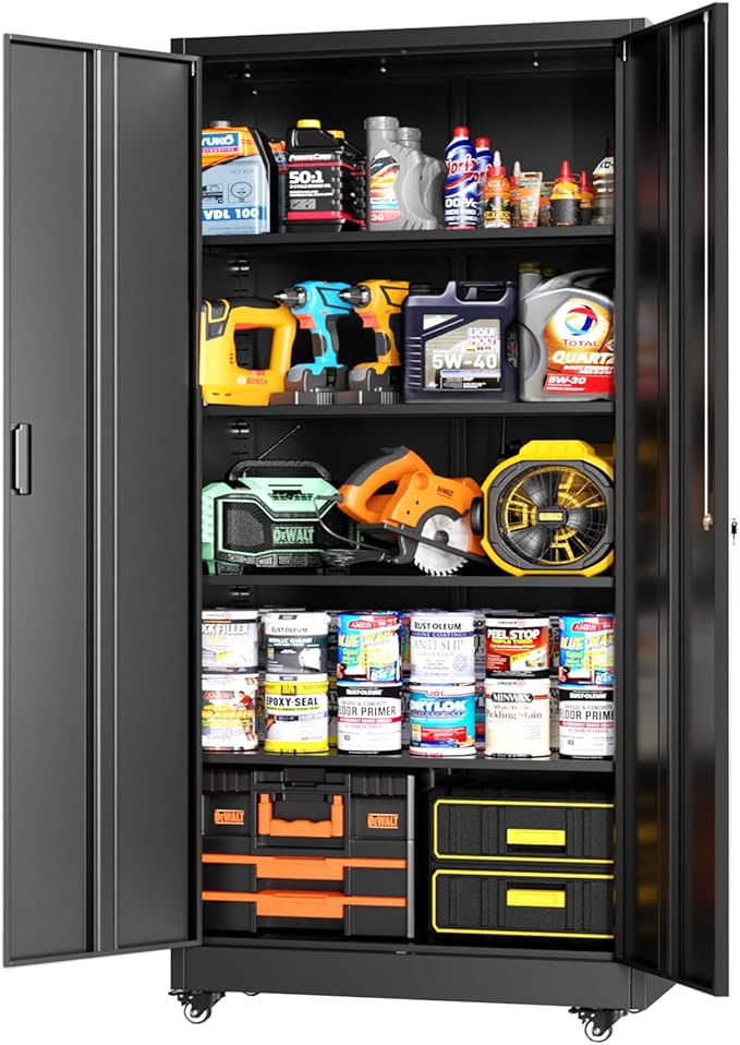 Greenvelly 73" Storage Cabinet with Wheels,Metal Rolling Garage Cabinet with Locking Doors and 4 Adjustable Shelves for Home,Kitchen,Office,Warehouse(32" W x 16" D)