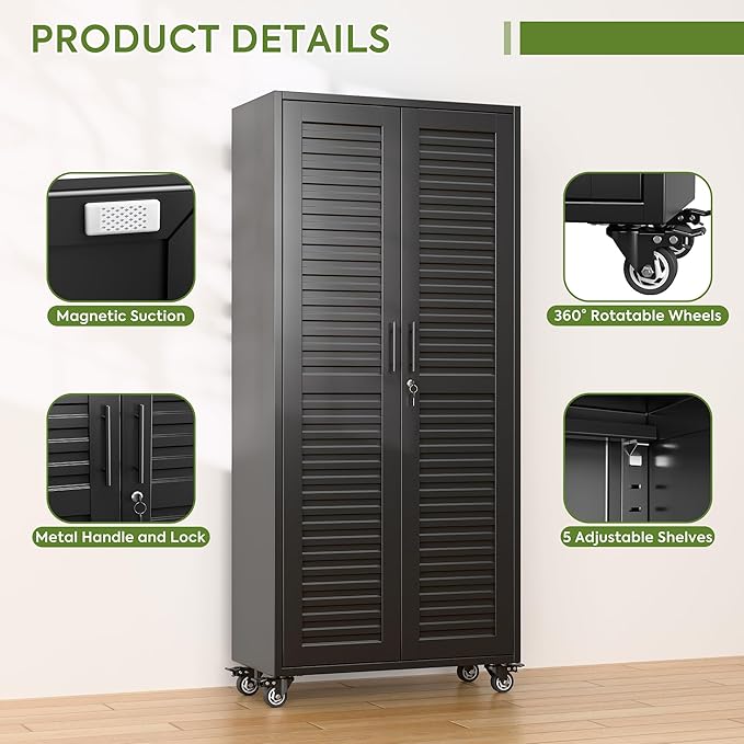 Garage Storage Cabinet with Wheels, Lockable Metal Storage Cabinet with 5 Adjustable Shelves, Magntic Door for Garage Home Office Utility Room,Required Assembly,Black,70.87"H x 31.5"W x 15.75"D