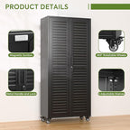 Garage Storage Cabinet with Wheels & Pegboard, Lockable Metal Storage Cabinet with Doors and 5 Adjustable Shelves for Garage Workshop Home, Assembly Required, Black, 70.87"H x 31.5"W x 15.75"D