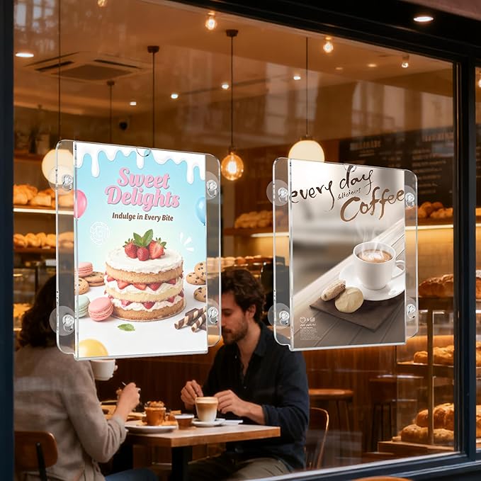 Acrylic Sign Holder 8.5 x 11, 4 Packs Flyer Holder for Business, Clear Sign Holder with Suction Cups for Menu, Notice, Frames Glass Door Window Display Stand for Store, Restaurant, Office
