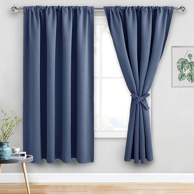JIUZHEN Blackout Curtains for Bedroom - 70 x 63 Inch Extra Wide Privacy Assured Thermal Insulated Room Darkening Sliding Door Curtains for Living Room, Set of 2 Panels with Tiebacks, Dusty Blue