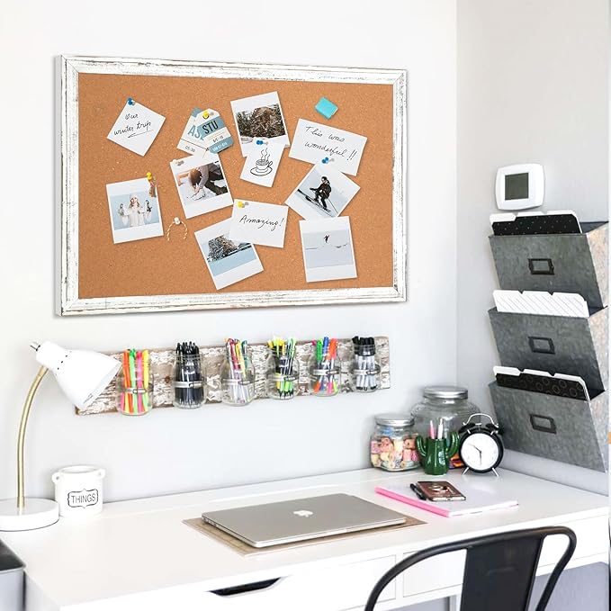 DOLLAR BOSS White Cork Board for Wall - 48 X 36 Inches, Rustic Wooden Frame Large Bulletin Board, Decorative Hanging Pin Board for Office & Home Decor